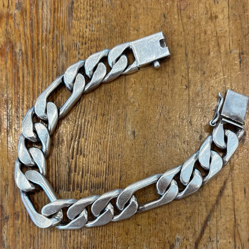 Men's Sterling Silver  Mexico‎ Vintage Figaro Link Chain Bracelet 84 g Heavy